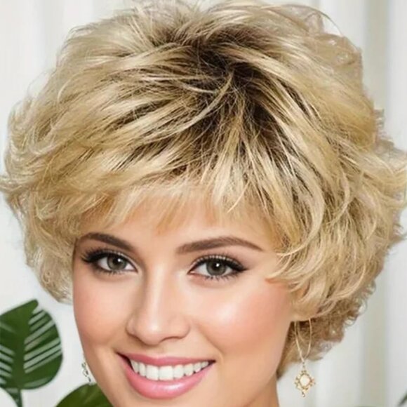 TISHINING Short Blonde Curly Wig  Layered Ombre Blonde Pixie Cut - Picture 1 of 1